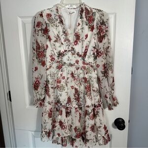 Sheer Floral Tiered Ruffle Dress - White with Red Rose Print